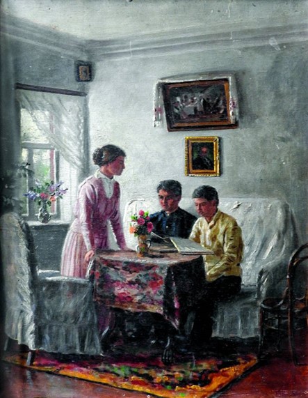 Григорій Коваленко 1917-го намалював доньку 20-річну Ксенію синів 19-річного Петра і 16-річного Павла у кімнаті їхнього будинку в Полтаві