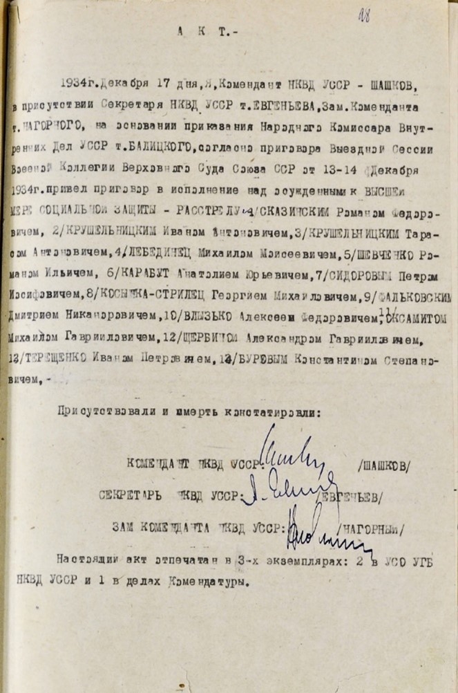 Акт виконання смертного вироку комендантом НКВД УССР Шашковим над Сказинським Романом, Крушельницьким Антіном, Лебединцем Михайлом та ін.